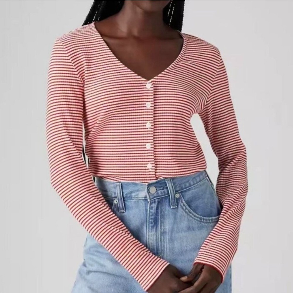 Levi's Muse Red White Stripe Ribbed Button‎ Up Long Sleeve Top Shirt XL